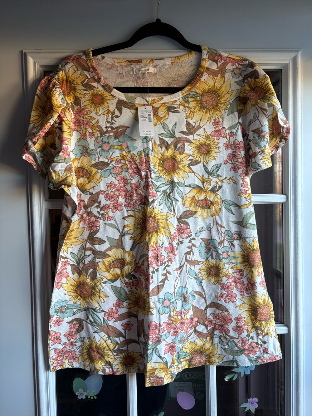 Maurices White Floral Sunflower Scoop Tee with Yellow Accents